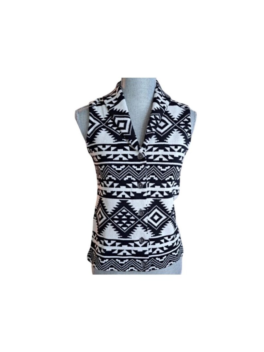 Chaps Womens M Black & cream Aztec Print Button-Down Vest cotton shawl collar